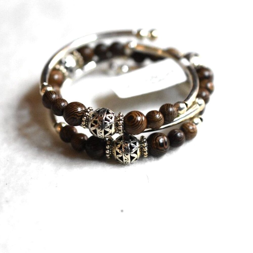 NWT Crazyartgrrl Wildwood Polished Wood Carved Silver Plated Beads 7.5" Bracelet